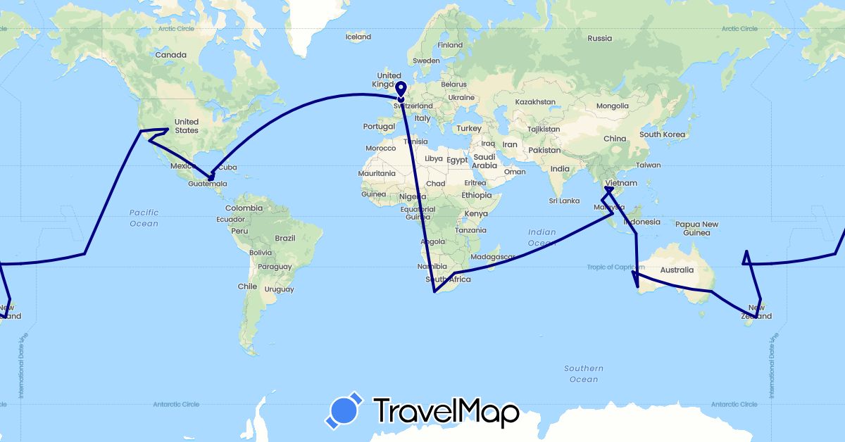 TravelMap itinerary: driving in Australia, Belize, France, Guatemala, Indonesia, Cambodia, Mexico, New Zealand, Singapore, Thailand, United States, Vanuatu, South Africa (Africa, Asia, Europe, North America, Oceania)